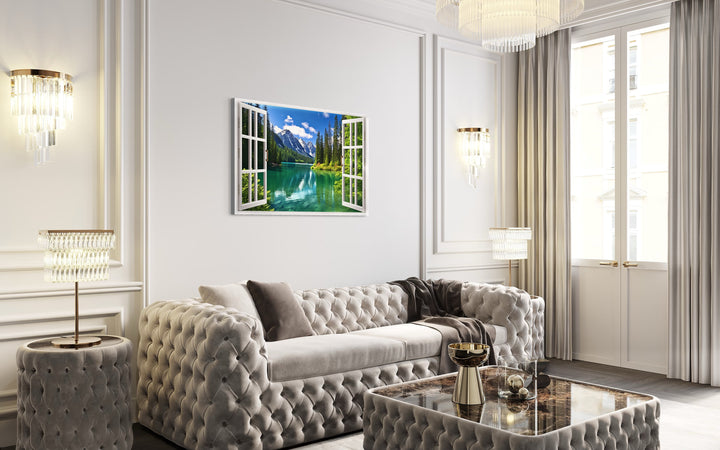 Mountains And Emerald Lake Fake Window View Wall Art in living room