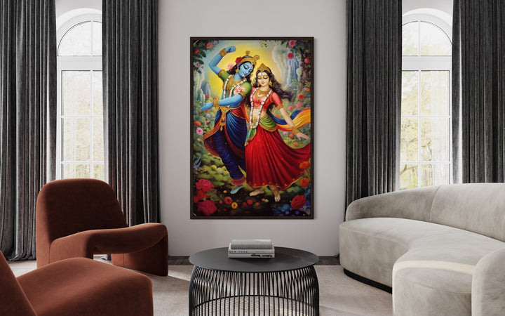 Lord Krishna And Radha Dancing Colorful Indian Wall Art "Divine Rhapsody"  in modern room