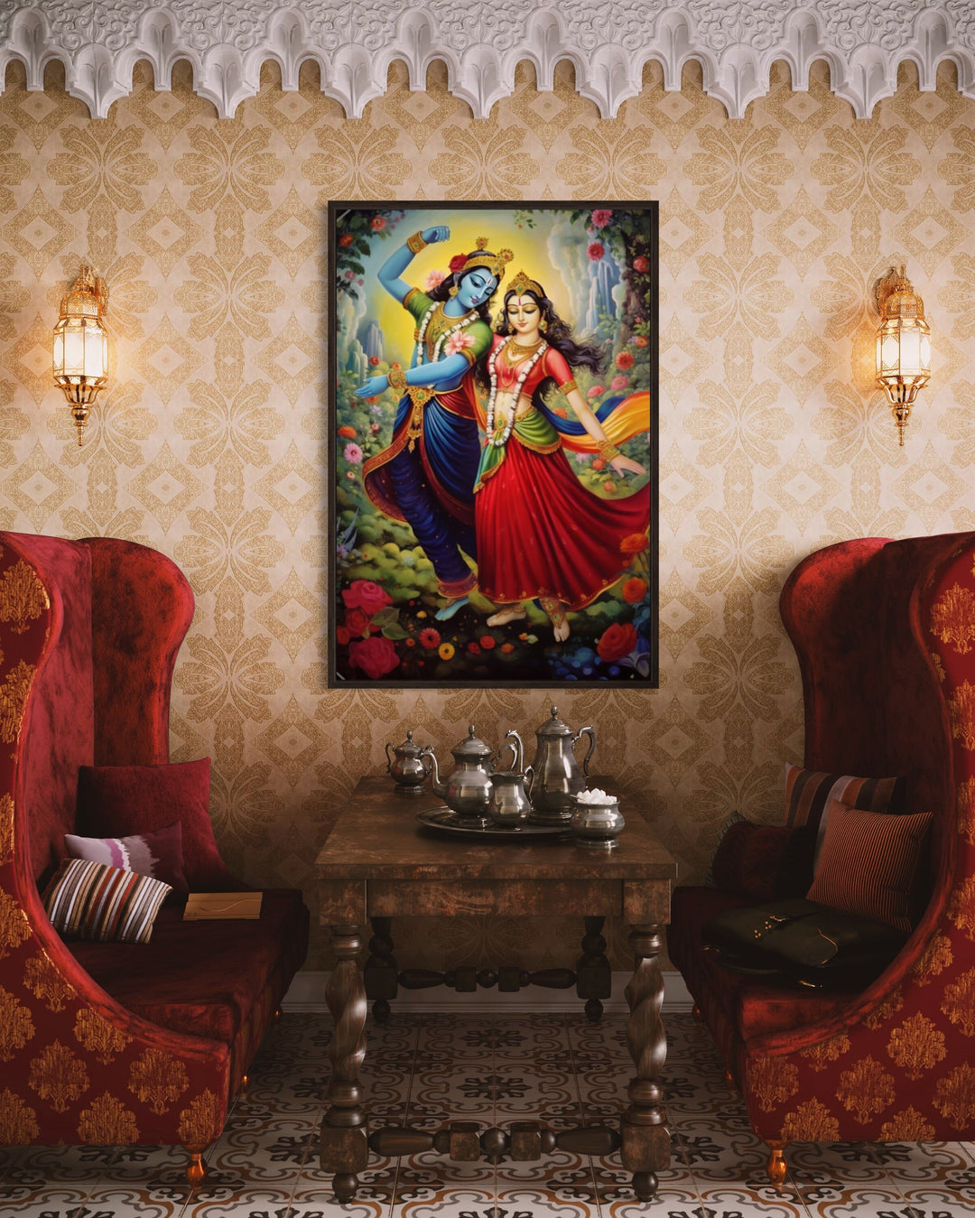 Lord Krishna And Radha Dancing Colorful Indian Wall Art "Divine Rhapsody"  in indian restaurant