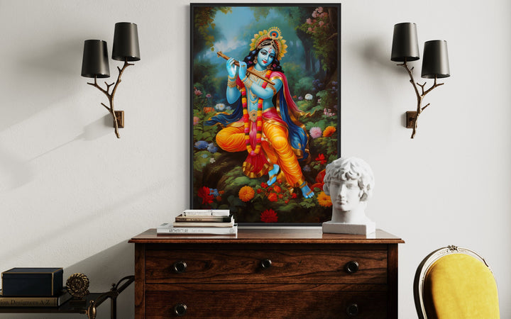 Lord Krishna Playing Flute in Vrindavan Forest Indian Framed Canvas Wall Art
