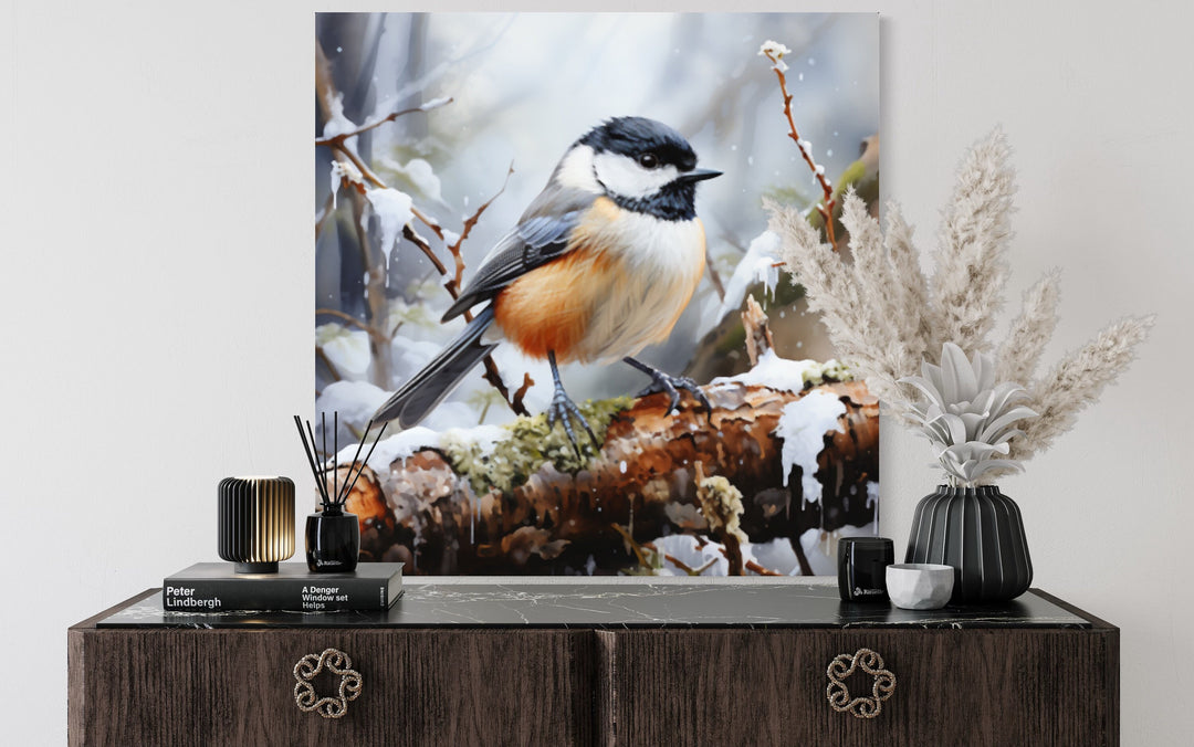 Chickadee In Snow Framed Canvas Wall Art above table