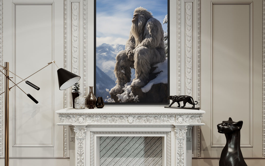 Bigfoot In Snowy Mountains Framed Canvas Wall Art above fireplace