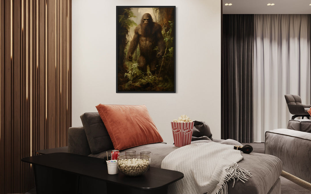 Bigfoot In The Forest Framed Canvas Wall Art in man cave