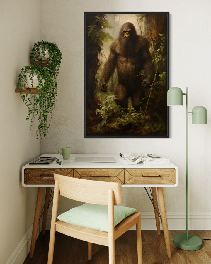 Bigfoot In The Forest Framed Canvas Wall Art in the office