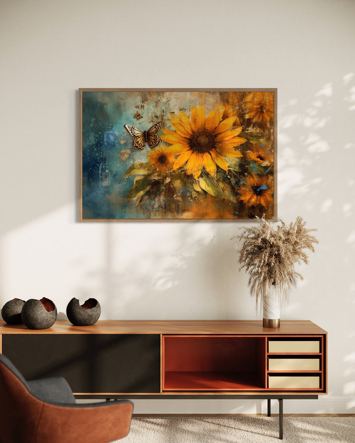 Rustic Sunflower And Butterfly Painting Farmhouse Framed Canvas Wall Art above table