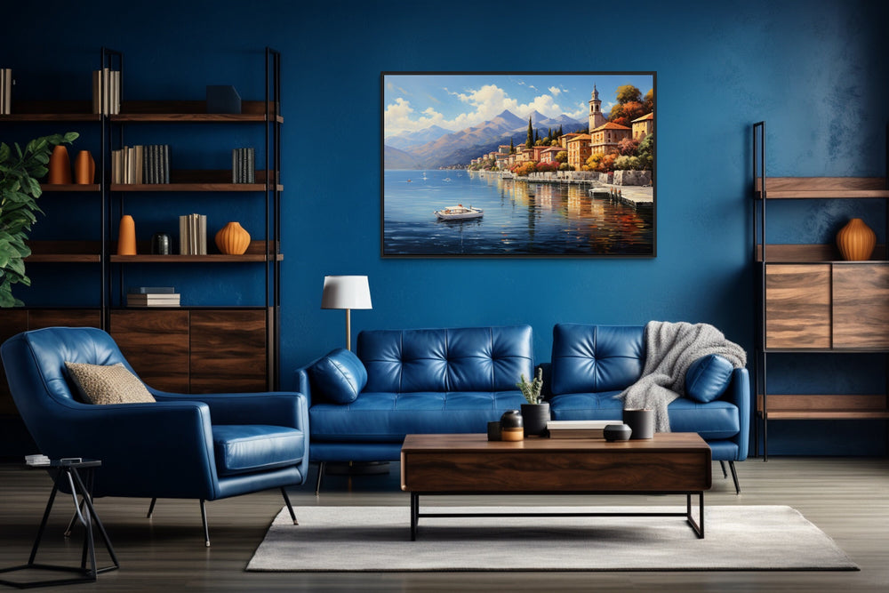 Bellagio Lake Como Landscape Framed Canvas Wall Art in blue room