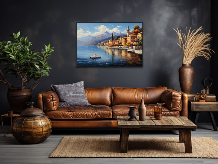 Bellagio Lake Como Landscape Framed Canvas Wall Art above brown couch