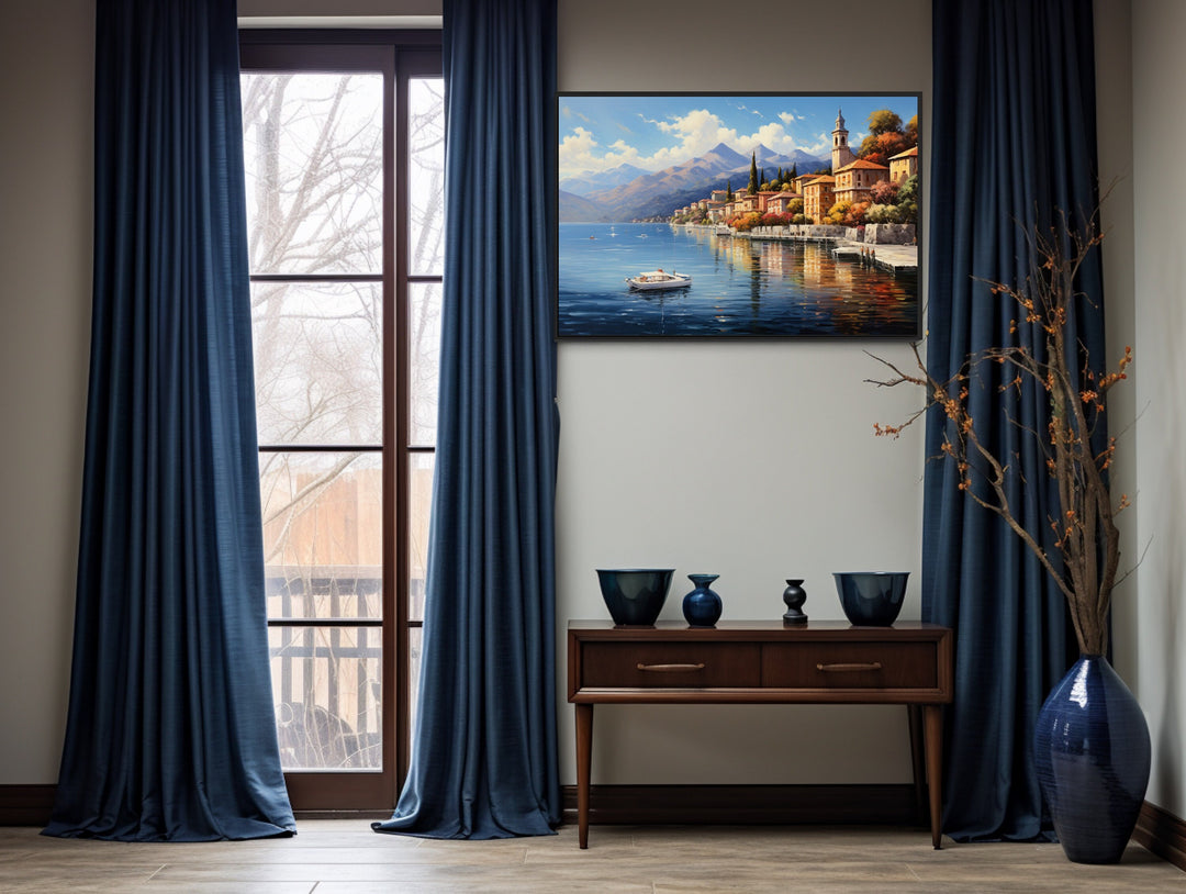 Bellagio Lake Como Landscape Framed Canvas Wall Art in blue room