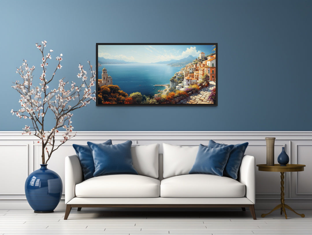 Amalfi Coast Italian Sea Scape Framed Canvas Wall Art in living room