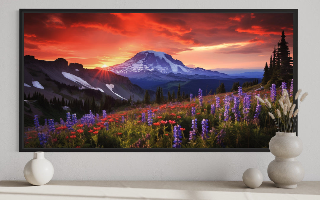 Mount Rainier Wildflowers Landscape Sunset Wall Art close up