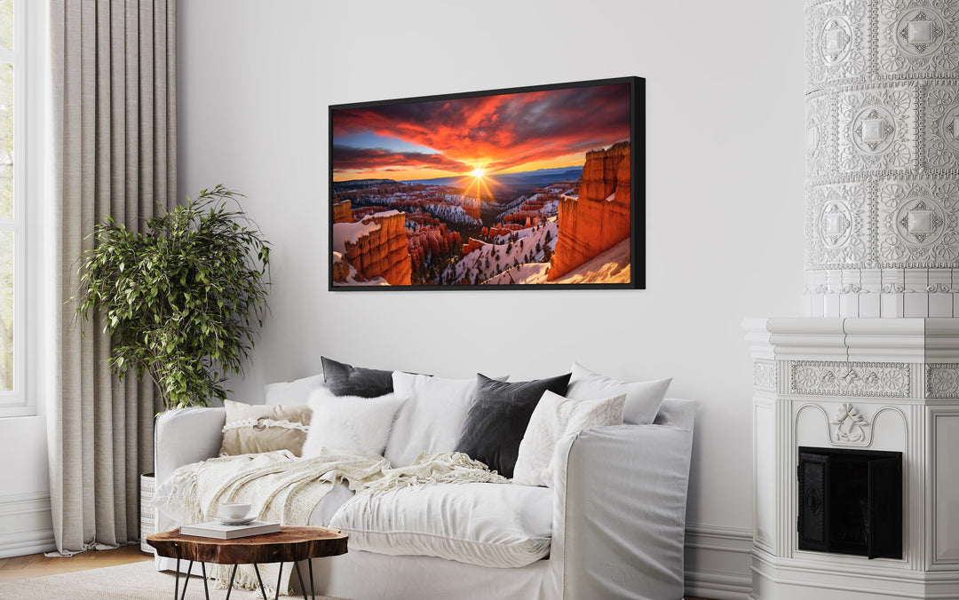 Bryce Canyon Sunset Photo Landscape Wall Art above white couch