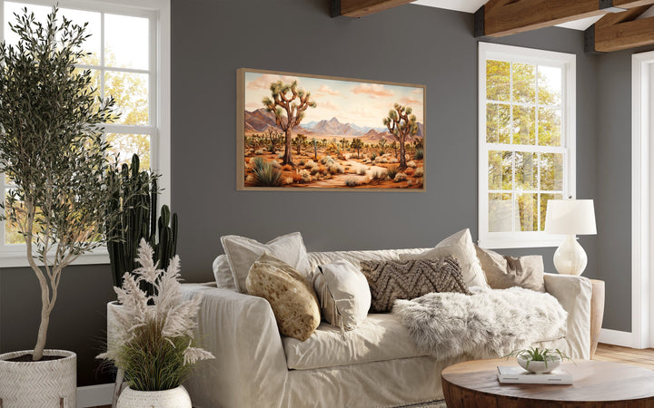 Joshua Trees Forest Framed Canvas Wall Art above beige couch