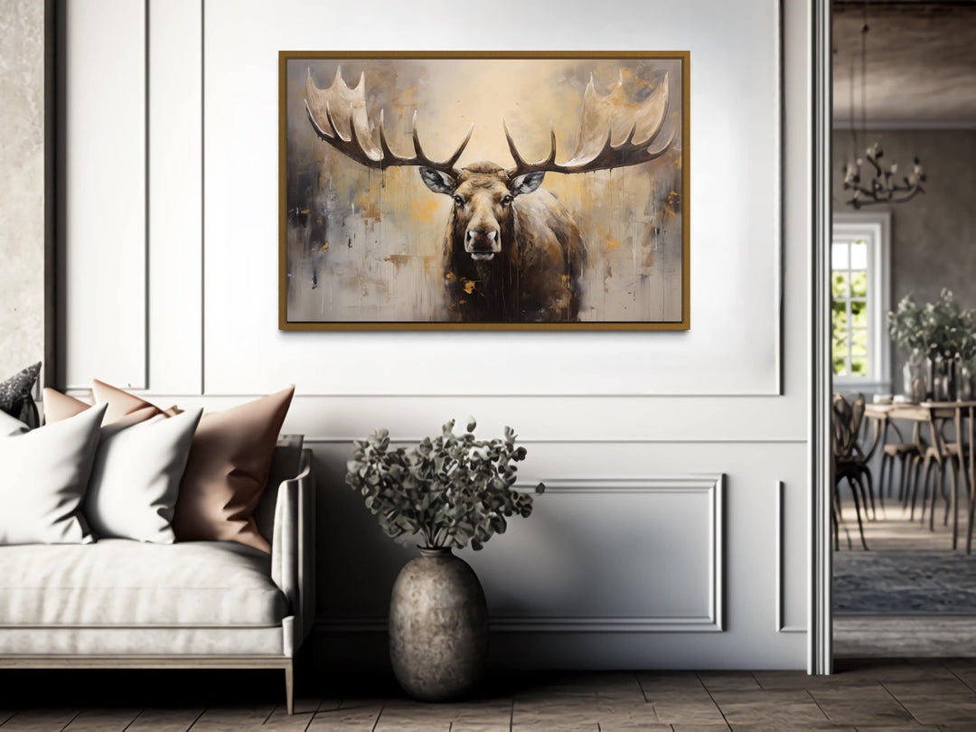 Moose Painting Neutral Beige Cabin Decor Framed Canvas Wall Art