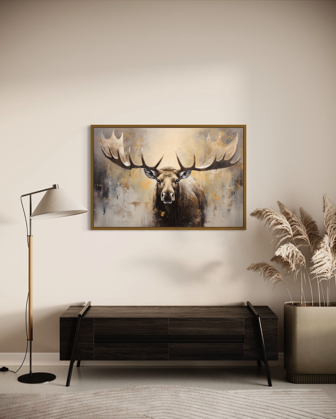 Moose Painting Neutral Beige Cabin Decor Framed Canvas Wall Art in the hall