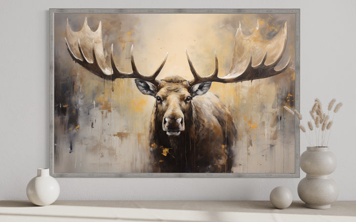 Moose Painting Neutral Beige Cabin Decor Framed Canvas Wall Art close up