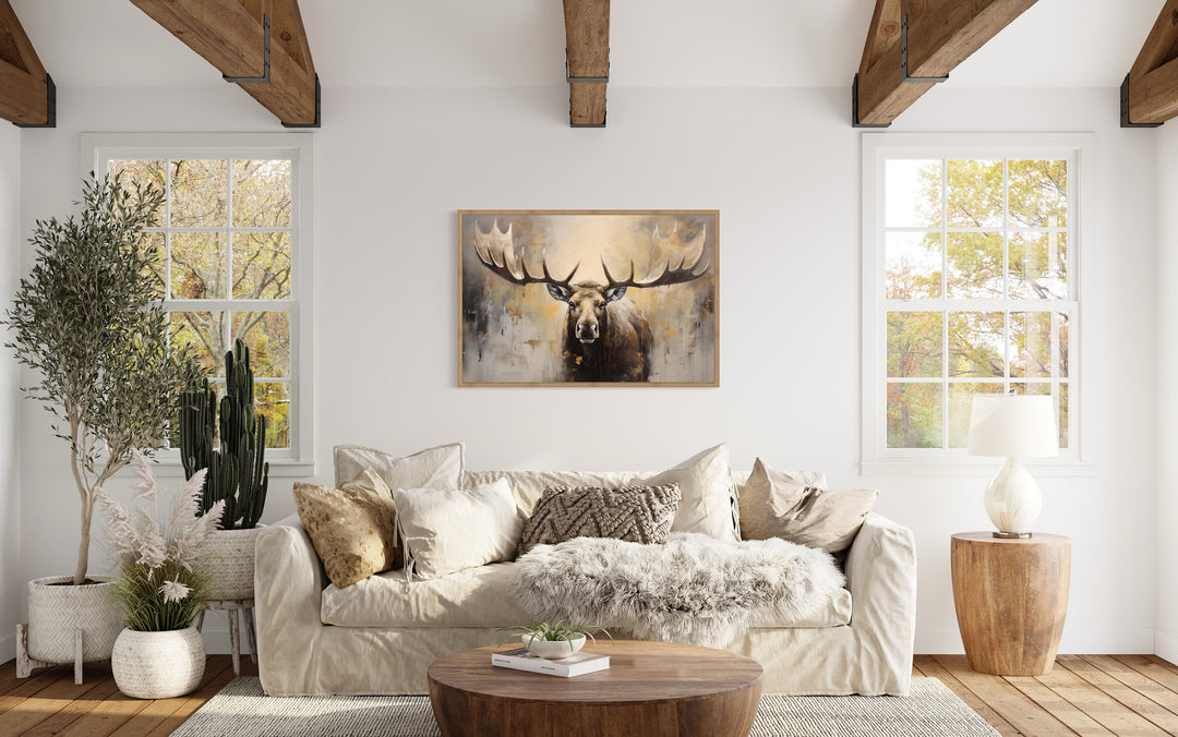 Moose Painting Neutral Beige Cabin Decor Framed Canvas Wall Art above beige couch