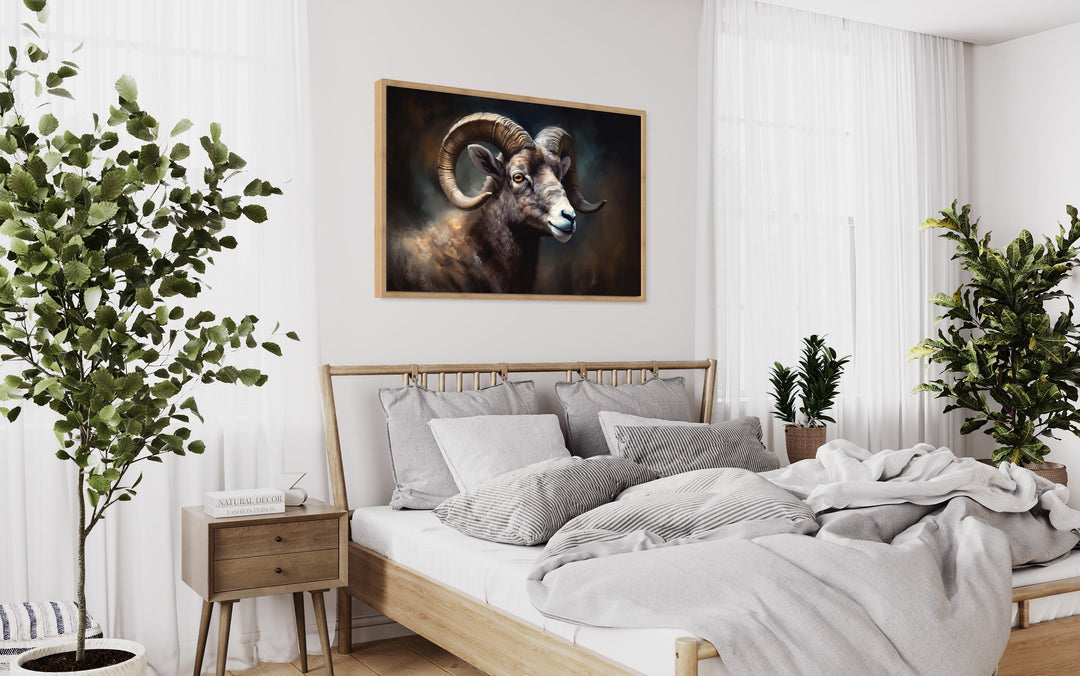 Bighorn Sheep Portrait Framed Canvas Wall Art above bed