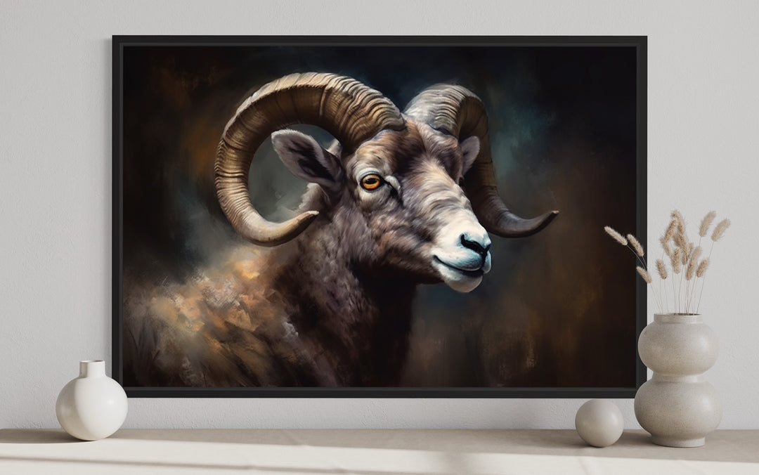 Bighorn Sheep Portrait Framed Canvas Wall Art close up