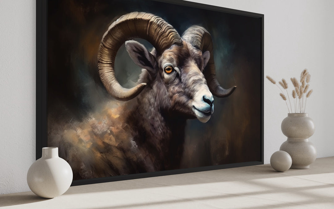 Bighorn Sheep Portrait Framed Canvas Wall Art side view