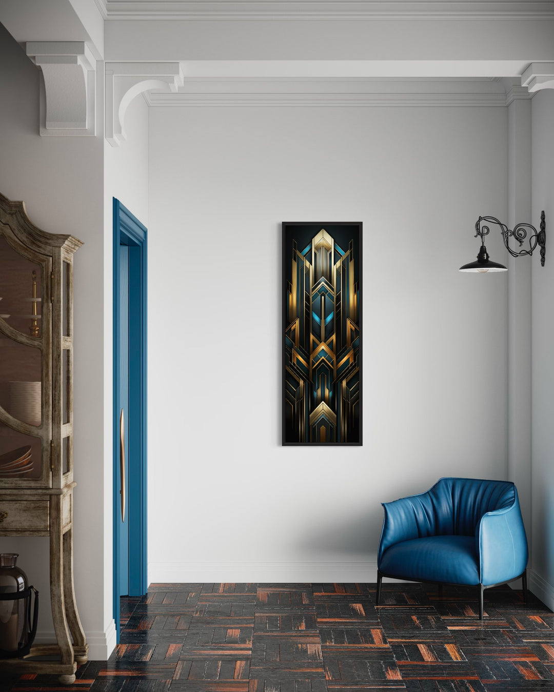 tall Narrow Art Deco Gold Black Blue Vertical Wall Art in entrance hall