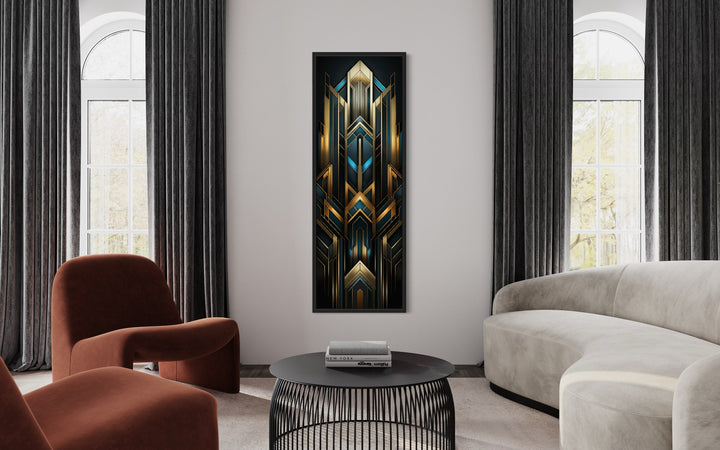 tall Narrow Art Deco Gold Black Blue Vertical Wall Art in modern living room