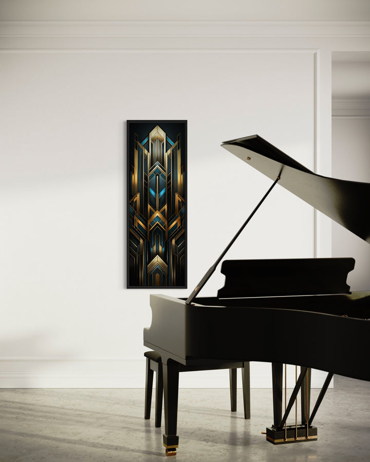 tall Narrow Art Deco Gold Black Blue Vertical Wall Art in entrance hall in music room