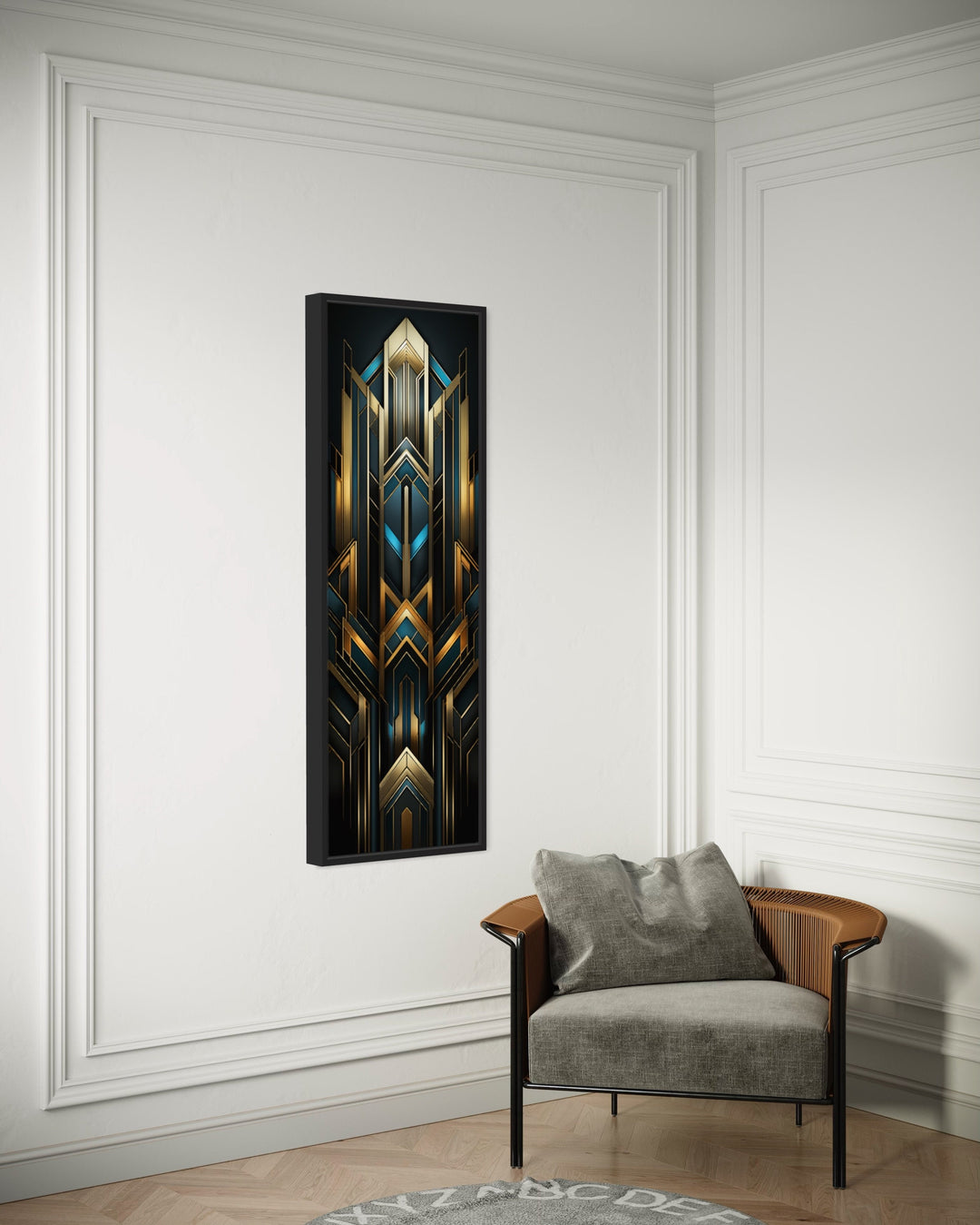 tall Narrow Art Deco Gold Black Blue Vertical Wall Art in entrance hall behind armchair