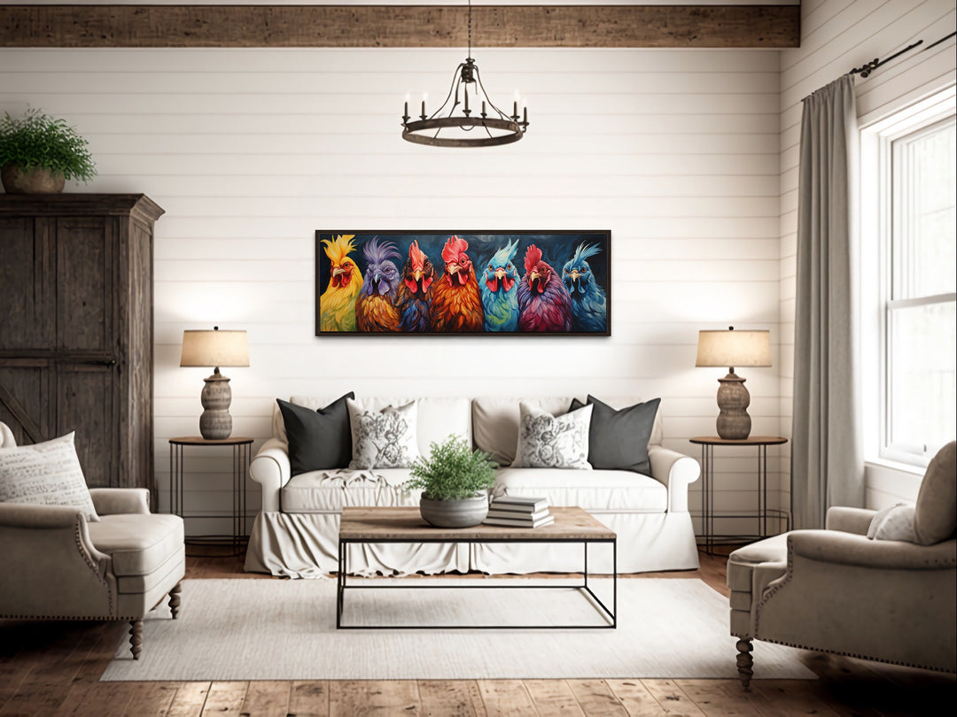 Colorful Roosters And Chickens Horizontal Farmhouse Wall Art in living room