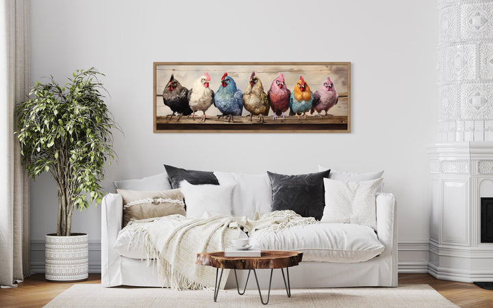Colorful Perched Chickens Panoramic Rustic Farmhouse Kitchen Wall Art above white couch