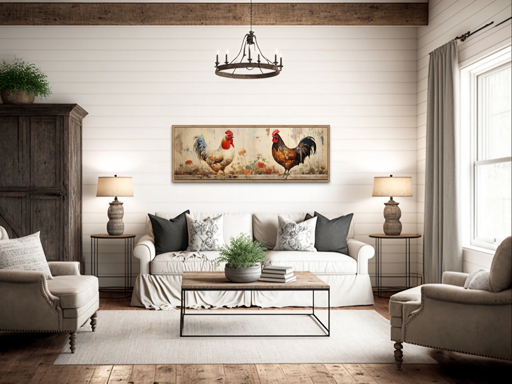 Roosters Wall Art Rustic Farmhouse Horizontal Wall Art in living room