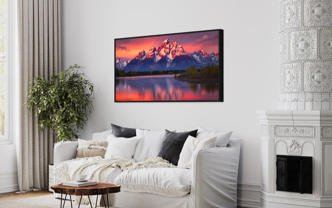 Grand Teton Rocky Mountains Landscape Wall Art above white couch