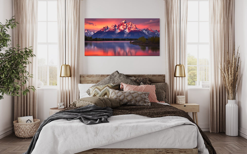 Grand Teton Rocky Mountains Landscape Wall Art above bed