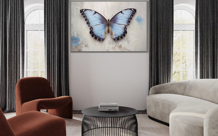 Blue Butterfly Rustic Framed Canvas Wall Art in living room