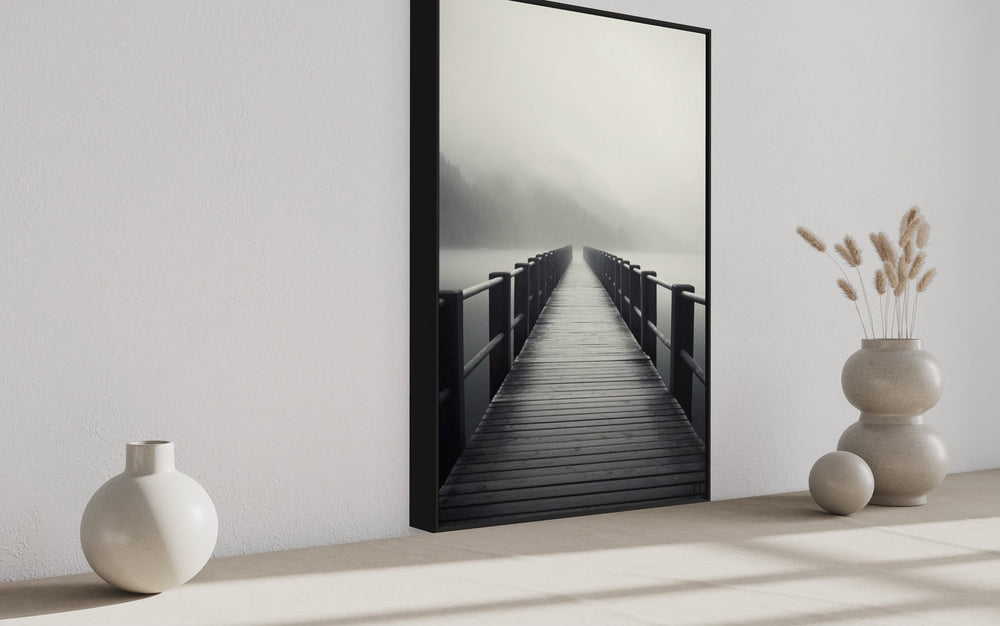 Foggy Black White Lake Landscape With Dock/Pier Framed Canvas Wall Art side view