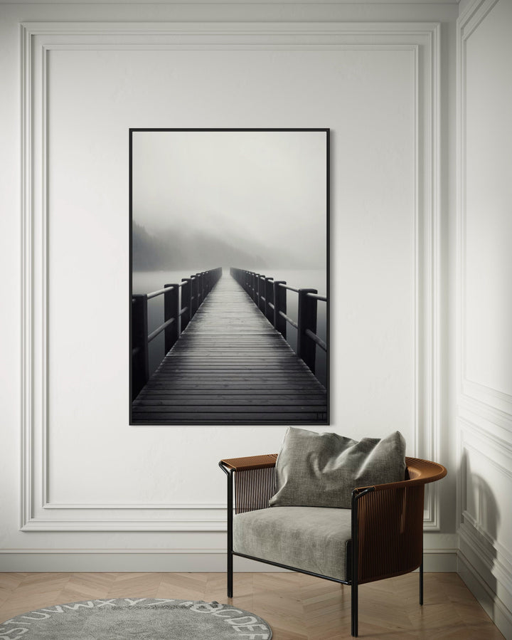Foggy Black White Lake Landscape With Dock/Pier Framed Canvas Wall Art on large wall