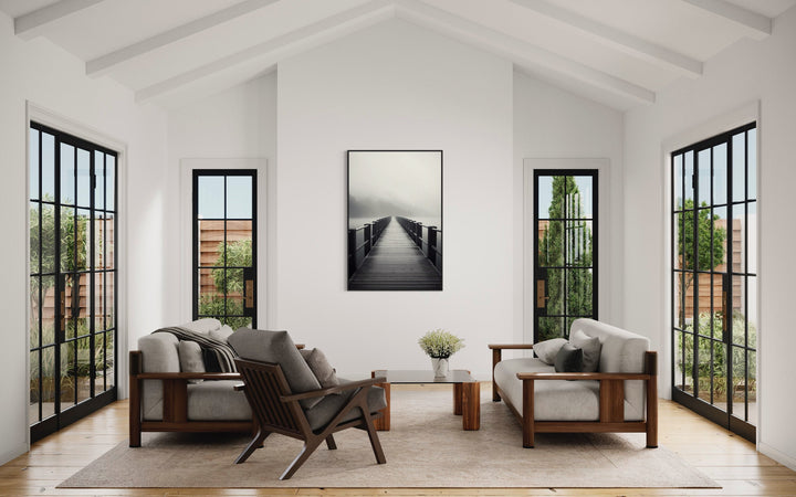 Foggy Black White Lake Landscape With Dock/Pier Framed Canvas Wall Art in living room