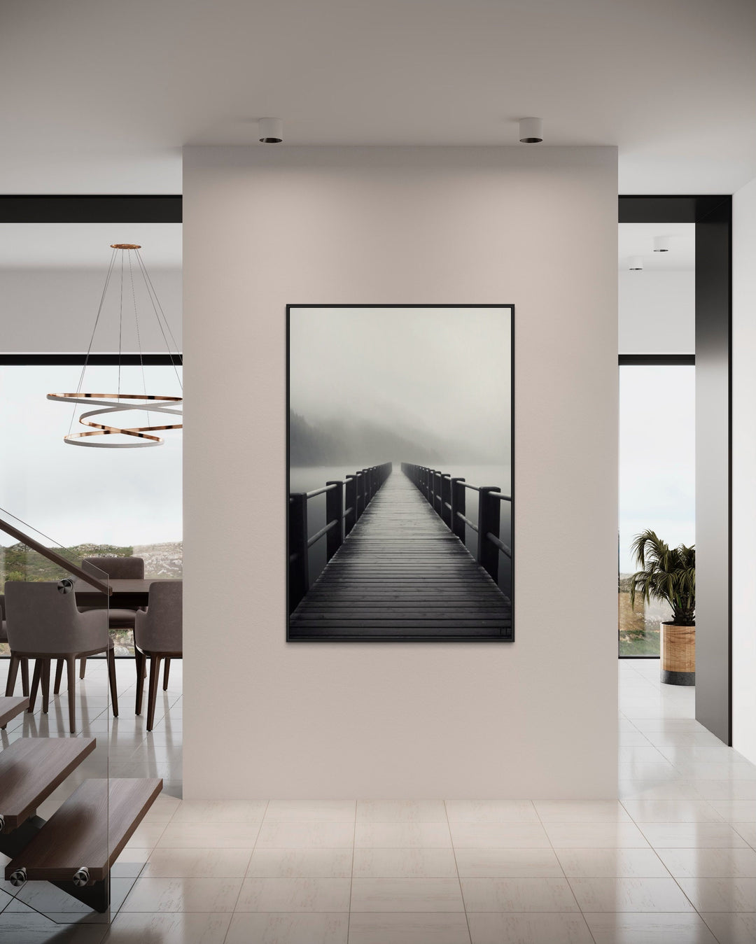 Foggy Black White Lake Landscape With Dock/Pier Framed Canvas Wall Art in modern home