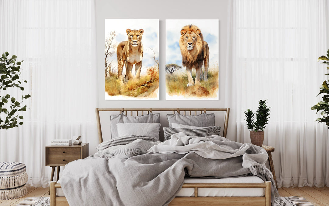 Set of 2 Lion And Lioness In Safari Framed Canvas Wall Art