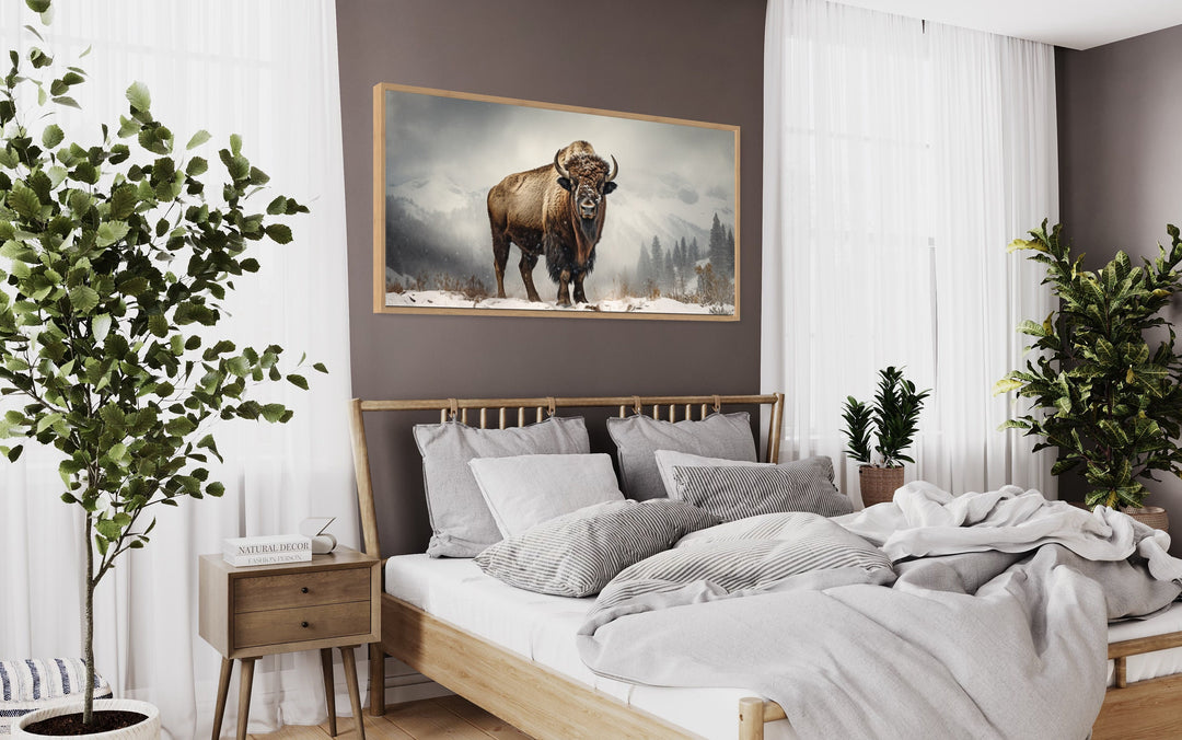 American Bison In Snow Painting Framed Man Cave Canvas Wall Art above bed