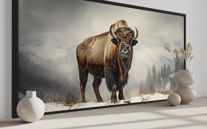 American Bison In Snow Painting Framed Man Cave Canvas Wall Art side view