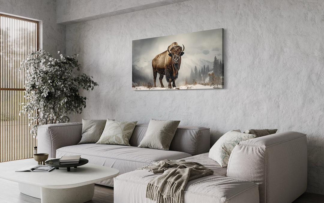 American Bison In Snow Painting Framed Man Cave Canvas Wall Art above couch