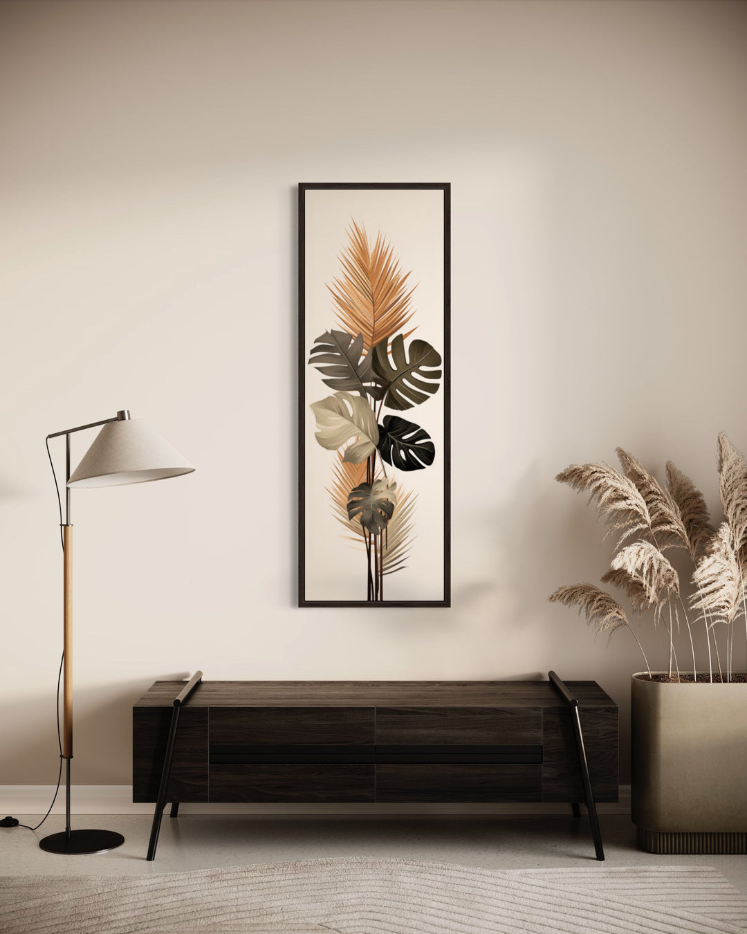Long Narrow Boho Mid Century Modern Palm Leaves Earth Tones Framed Canvas Wall Art