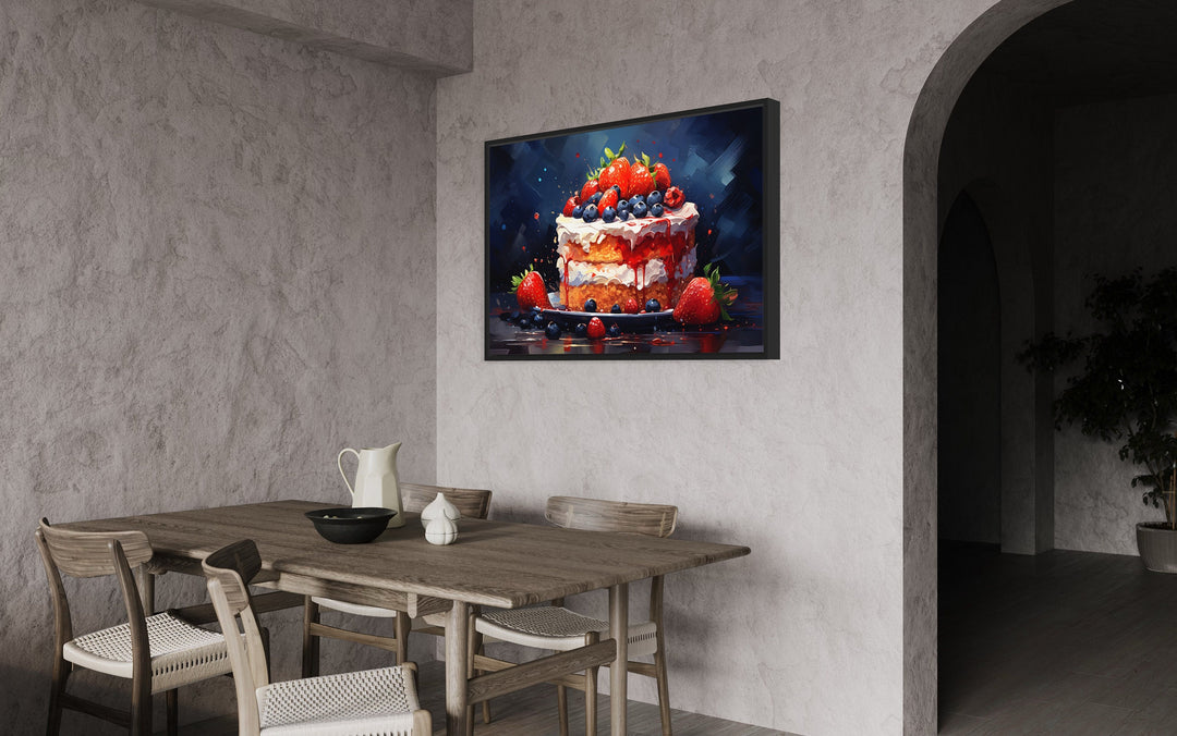 Strawberry Cake Framed Canvas Wall Art in the kitchen