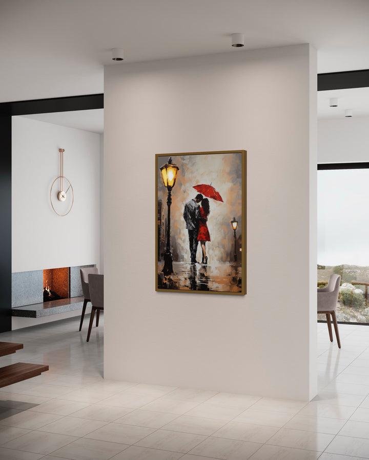 Couple In Love In The Rain Under Umbrella Romantic Framed Canvas Wall Art in living room