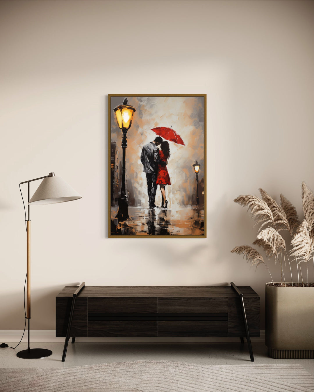 Couple In Love In The Rain Under Umbrella Romantic Framed Canvas Wall Art in the hall