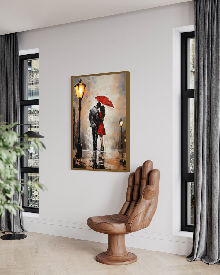 Couple In Love In The Rain Under Umbrella Romantic Framed Canvas Wall Art in modern living room