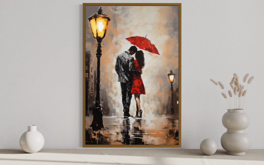 Couple In Love In The Rain Under Umbrella Romantic Framed Canvas Wall Art close up