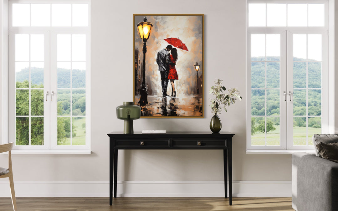 Couple In Love In The Rain Under Umbrella Romantic Framed Canvas Wall Art above side table