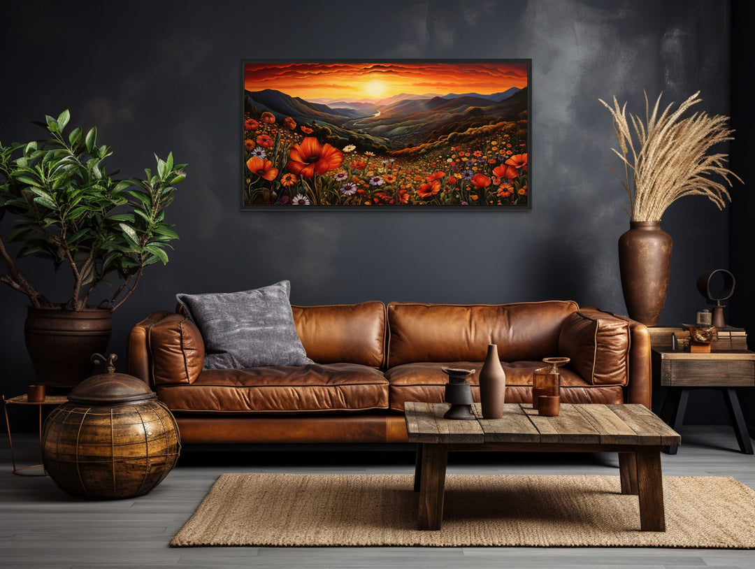 Mountain Valley Flowers Sunset Landscape Framed Canvas Wall Art