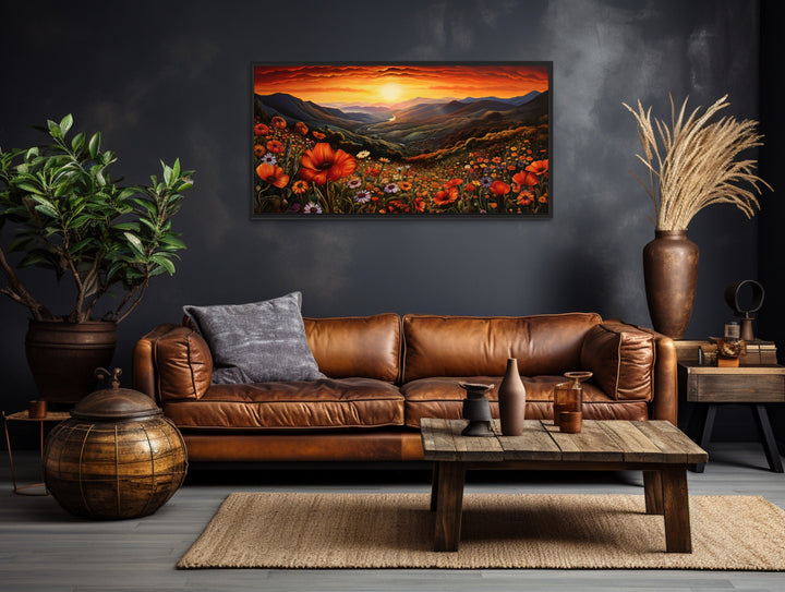 Mountain Valley Flowers Sunset Landscape Framed Canvas Wall Art